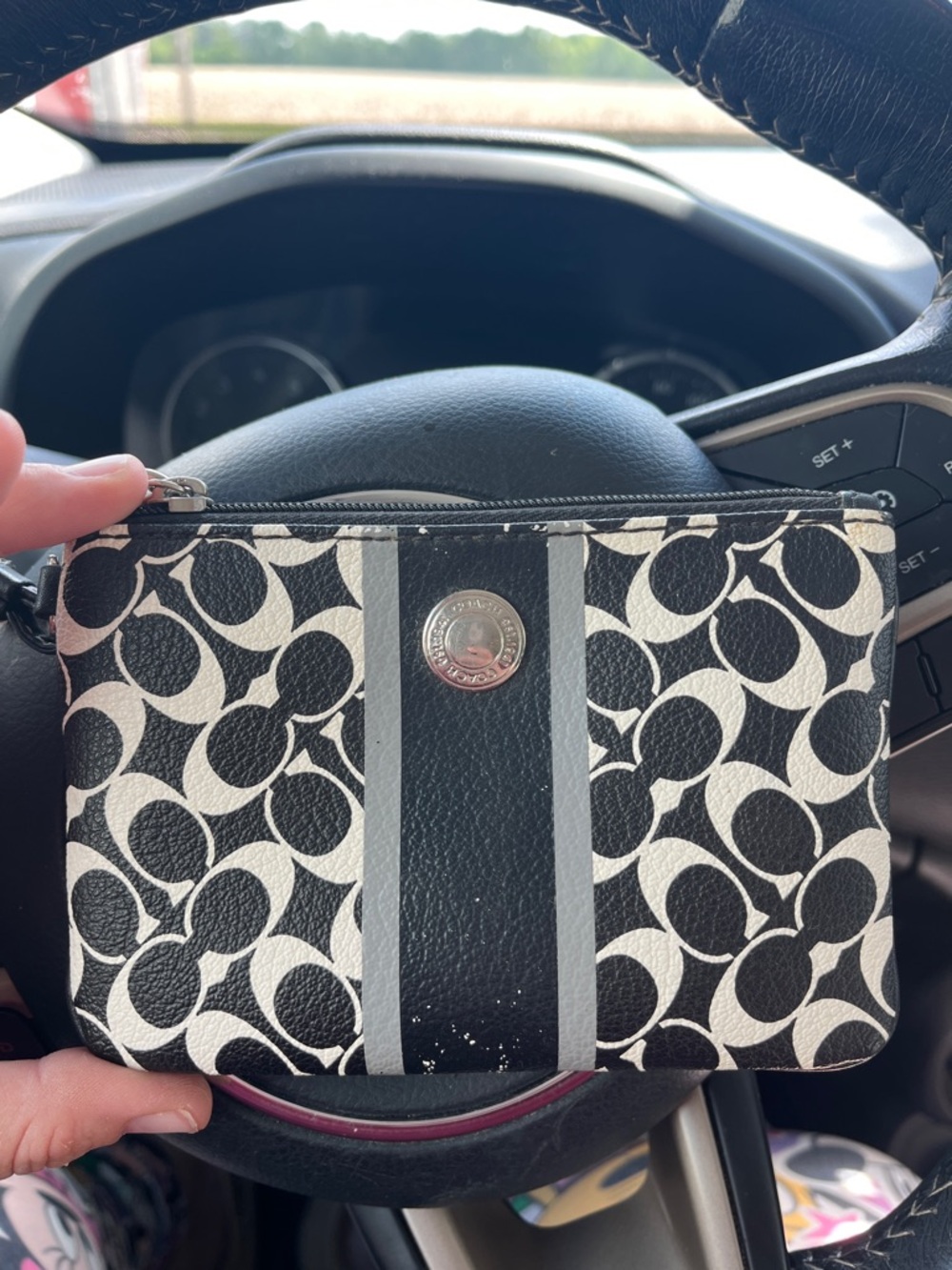 Coach Black and White Signature Stripe Coin Pouch